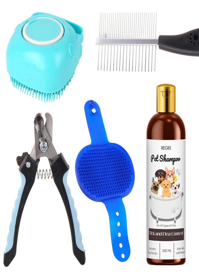 مجموعة ريجيوس للعناية بالحيوانات الأليفة، مجموعة مكونة من 5 قطع للعناية بالكلاب تشمل شامبو، وفرشاة، ومشط، ومقص أظافر، ومضاد للقراد والبراغيث لجميع أنواع الحيوانات الأليفة - Image 1